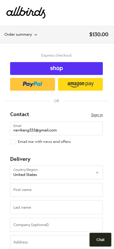 allbirds checkout form